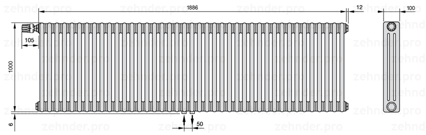 Схема (чертеж) Радиатор Zehnder Charleston 3100/41 №V007 Белый глянцевый RAL 9016